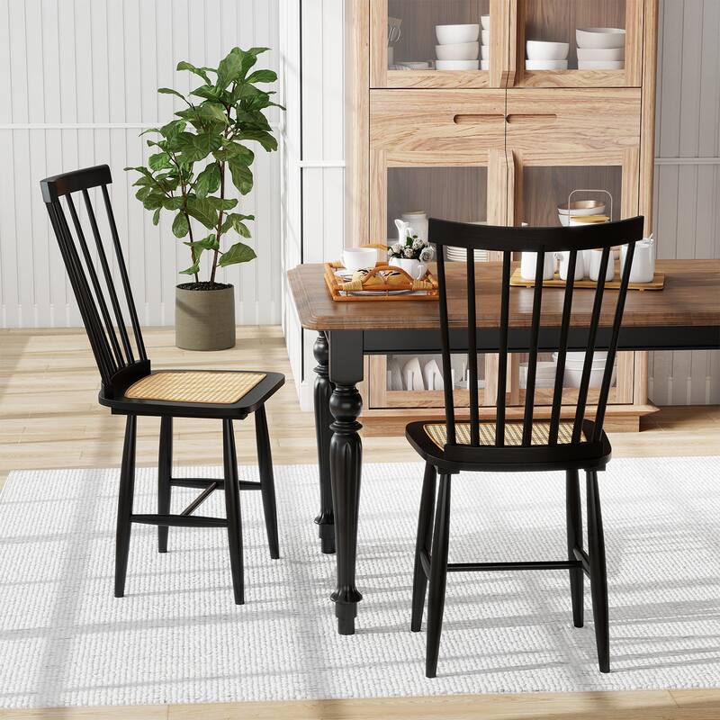 Stylish Windsor Style Dining Chair Set with PE Rattan Seat Ergonomic Spindle Back and Rubber Wood Frame - 21.5" x 16" x 38"
