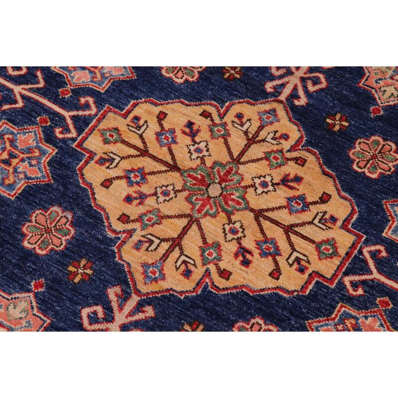 Southwestern Super Kazak Wren Blue/Beige Hand Knotted Wool Rug - 7'10'' x 10'1''