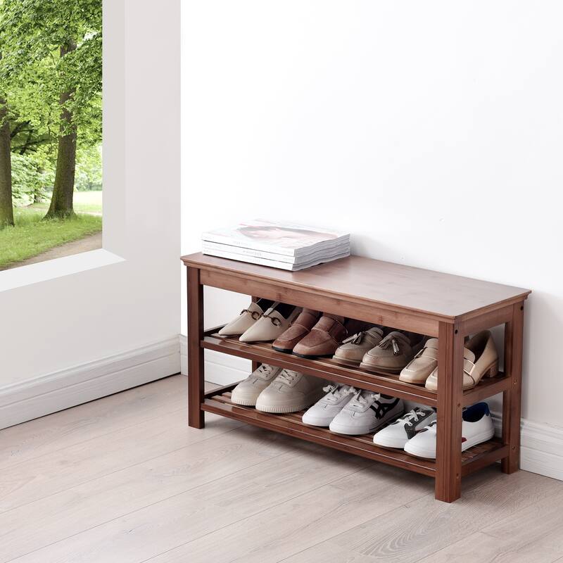 3-Tier Bamboo Shoe Rack Bench, Shoe Storage Organizer, Entryway Bench - 31.5"L x 11.2"W x 16.5"H