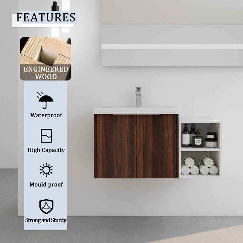 36" Wall-Mounted Bathroom Vanity with Resin Sink, Soft-Close Doors, Small Storage Shelves for Modern Bathrooms