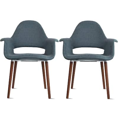 Set of 2 Organic Upholstered Fabric Modern Armchairs with Dark Walnut Brown Wooden Legs for Dining Room Office or Accent Chair