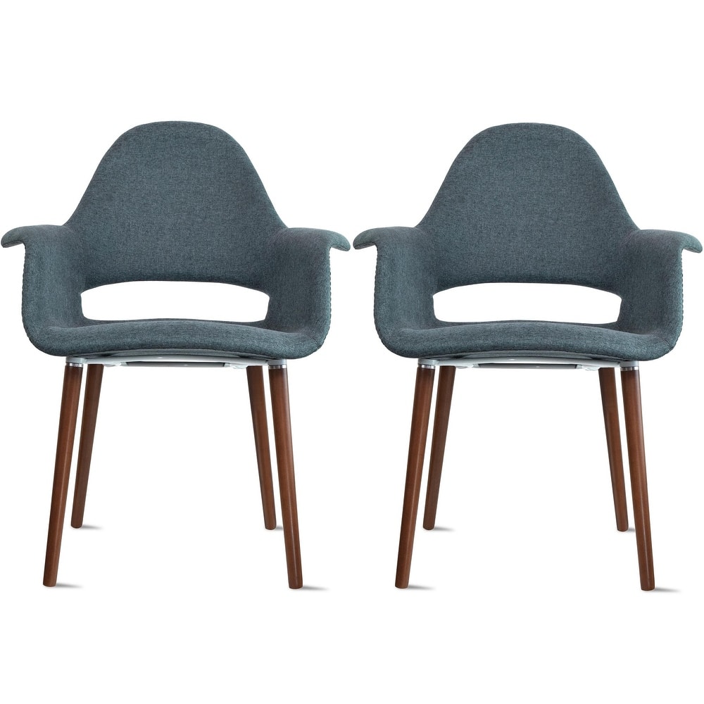 Set of 2 Organic Upholstered Fabric Modern Armchairs with Dark Walnut Brown Wooden Legs for Dining Room Office or Accent Chair