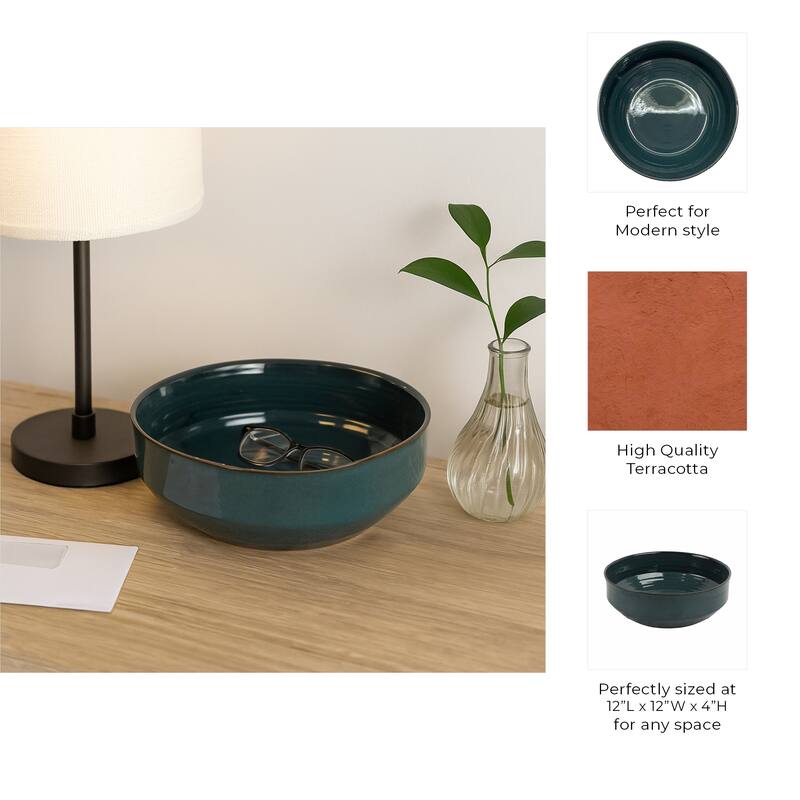 Decorative Round Terracotta Bowl with Glazed Finish - 12", Blue - 12.0"