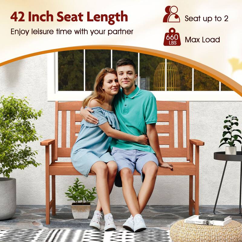 Teak Solid Wood Loveseat Bench with Ergonomic Backrest and Wide Armrests - 26" L x 47.5" W x 37" H