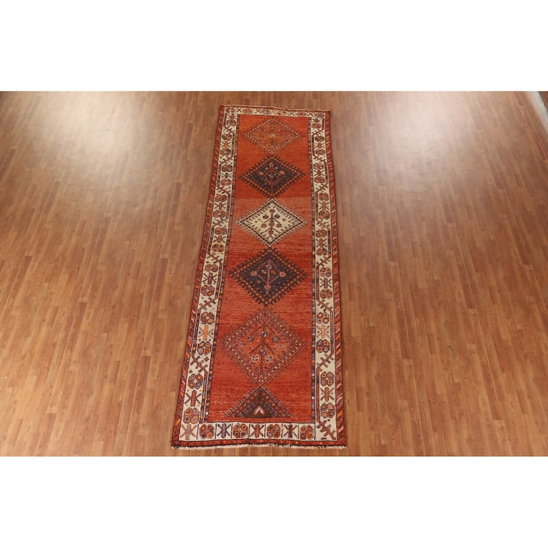 Geometric Qashqai Persian Vintage Runner Rug Handmade Wool Carpet - 4'5"x 13'3"