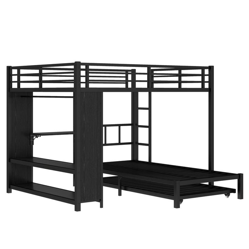 Queen Over Twin Metal Bunk Bed with Built-in Wardrobe, Trundle, Foldable Desk, and Noise-Reduced Design