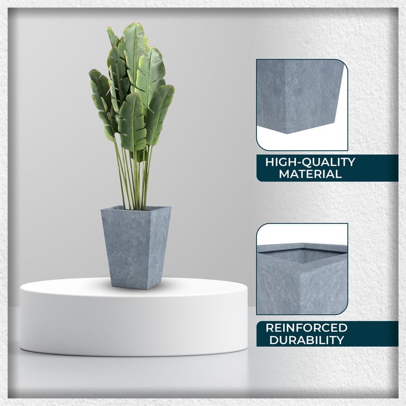 Serene Modern Square Tapered Fiberstone MGO Planter with Drainage Holes, Cover & Weather-Resistant Indoor Outdoor Plant Pot