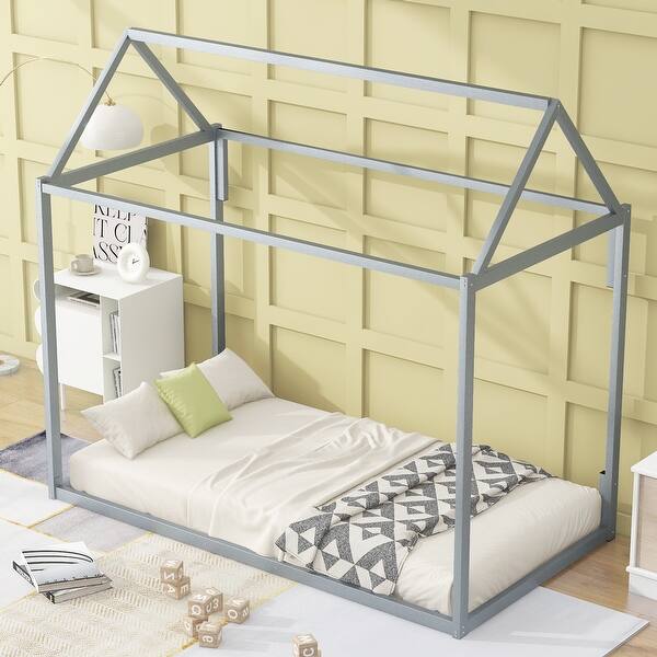 slide 2 of 9, Stylish House Shape Design Metal Platform Bed with Solid Construction and Safety Guaranteed, Silver Silver