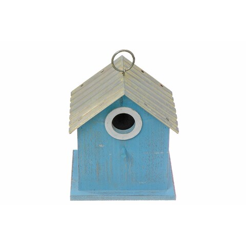 Wood Blue Birdhouse With Rippled Metal Roof
