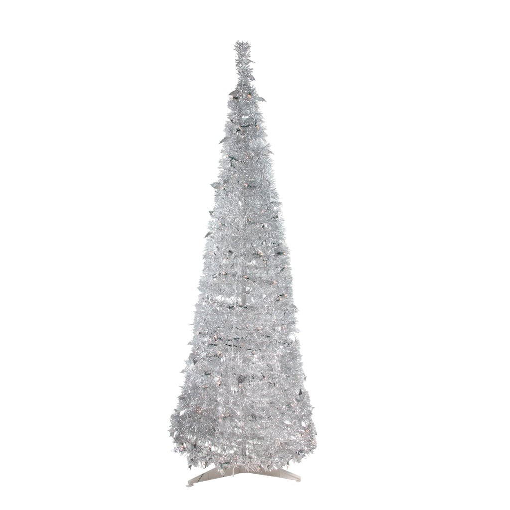 6' Pre-Lit Silver Tinsel Pop-Up Artificial Christmas Tree