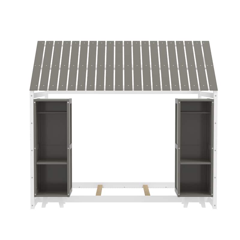 House-Shaped Twin Floor Bed with Fence, Roof, and Movable Wardrobes, Gray
