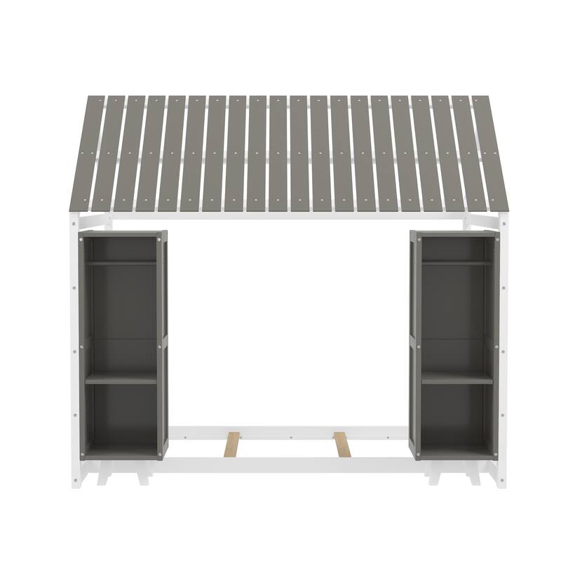 Wooden Twin Size House Shaped Platform Bed Frame with Fence and Roof, Kids Floor Bed with Movable Storage Wardrobes for Bedroom