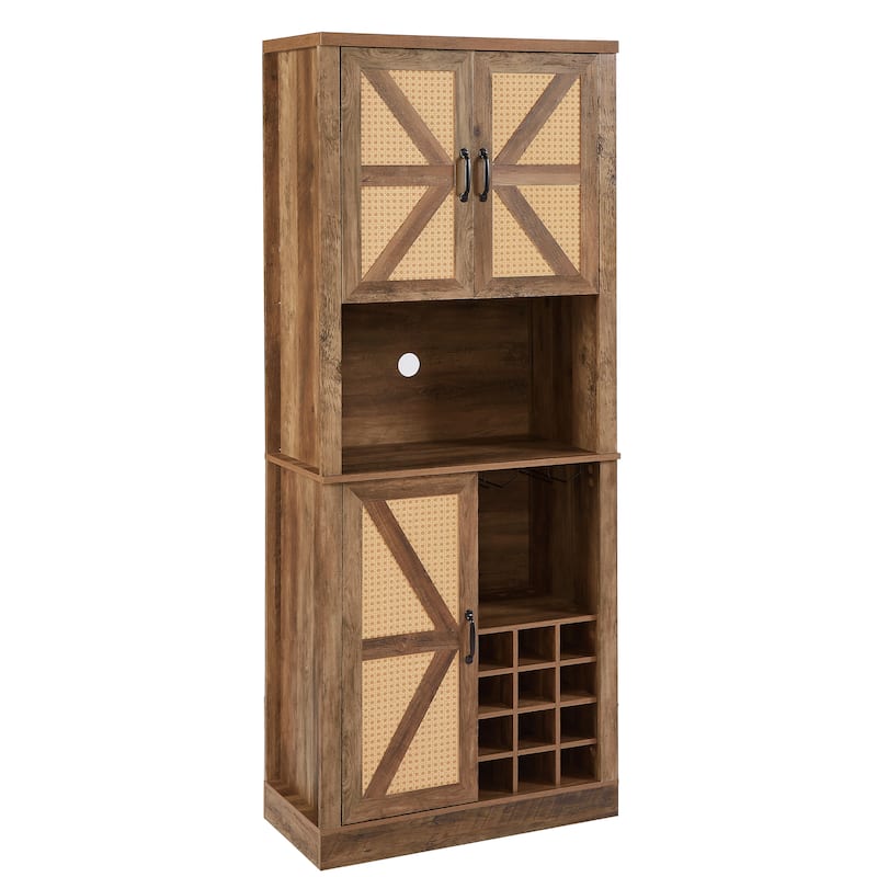 Tall Wine Bar Cabinet Faux Rattan Storage Cabinet w/ Microwave Shelves, Barn Door Sideboard Buffet Wine Bottle Storage Rack, Oak