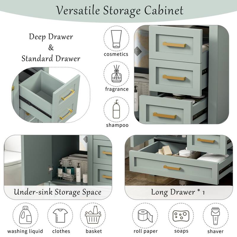 30" Green Bathroom Vanity Set - Modern Sink Cabinet with Soft-Close Door & 3 Drawers, Solid Wood Frame .