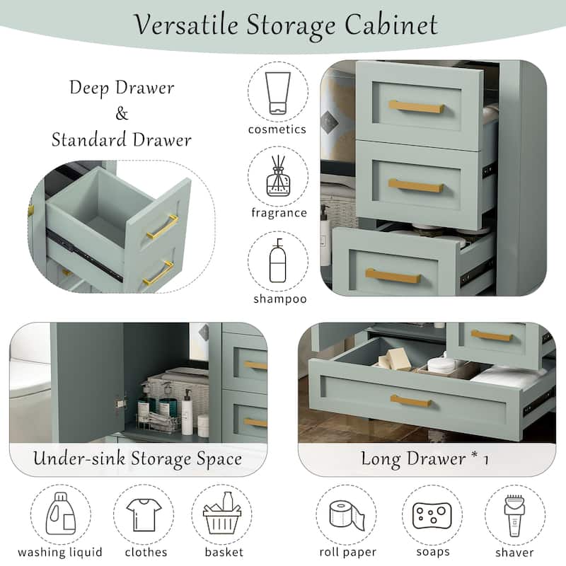 30" Modern Bathroom Vanity with Ceramic Sink, 3 Drawers, 1 Soft-Close Door, Solid Wood Frame