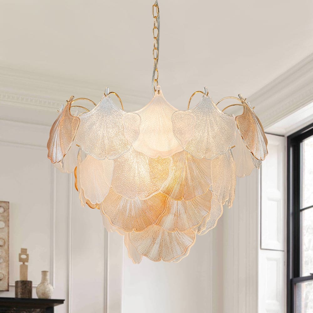 Classic 10-Light Colored Glass Gold Ginkgo Round Chandelier - 22in