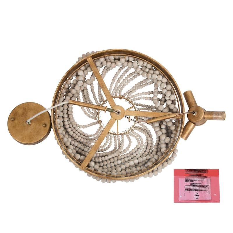 Cotia Boho Modern Glam 3-Light Wood Beads Semi-flush Mount Ceiling Lights Gold Chandelier - D14"*H15.5"