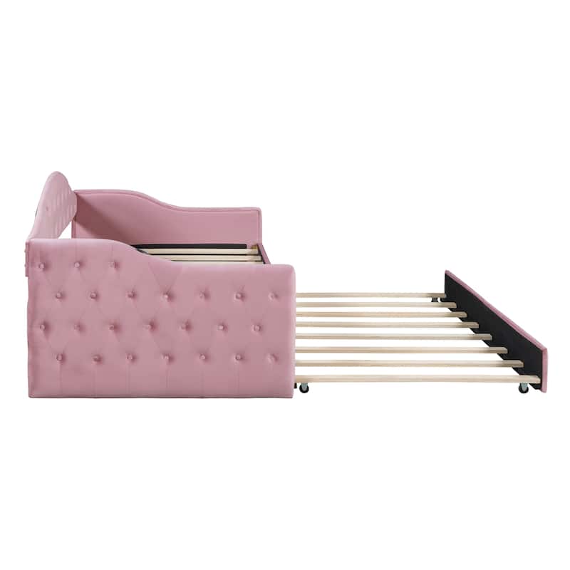 Wooden Slat Daybed Frame, Tufted Upholstered Sofabed with Trundle Bed, USB & Type-C Charging Ports on Armrest, Velvet Panel Bed