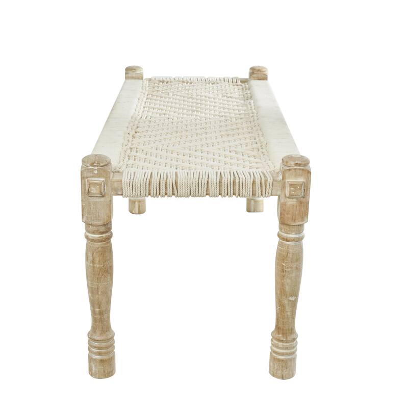 Cotton Fabric Handmade Woven Chevron Patterned Home Bench with Light Brown Mango Wood Legs - Beige - Roche River Decor