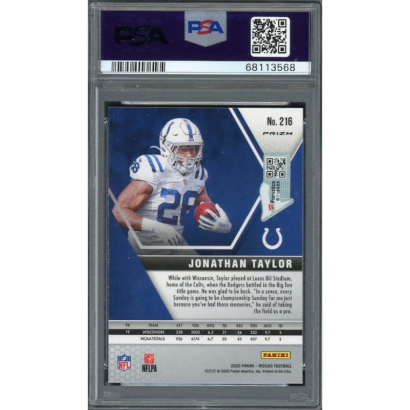 Jonathan Taylor 2020 Panini Mosaic Silver Prizm Rookie Card #216 Auto PSA 10 - 8'6" x 11'6"