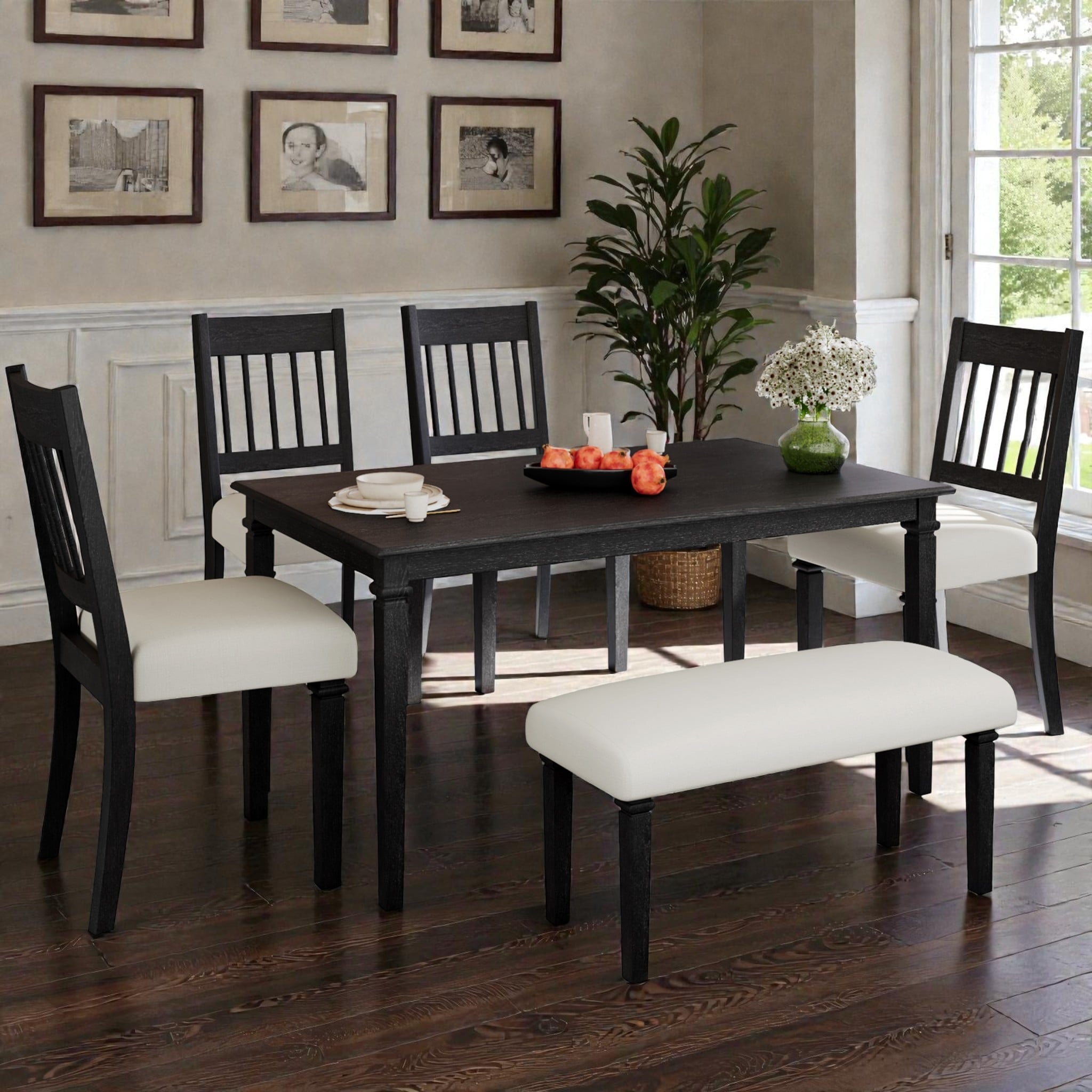 6-Piece Retro Dining Set with Wooden Table, 4 Chairs and Bench, Space-Saving Kitchen & Dining Room Furniture