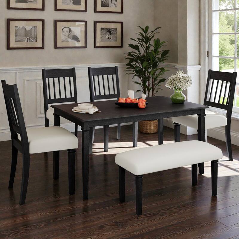 6-Piece Retro Dining Set with Wooden Table, 4 Chairs and Bench, Space-Saving Kitchen & Dining Room Furniture - Grey