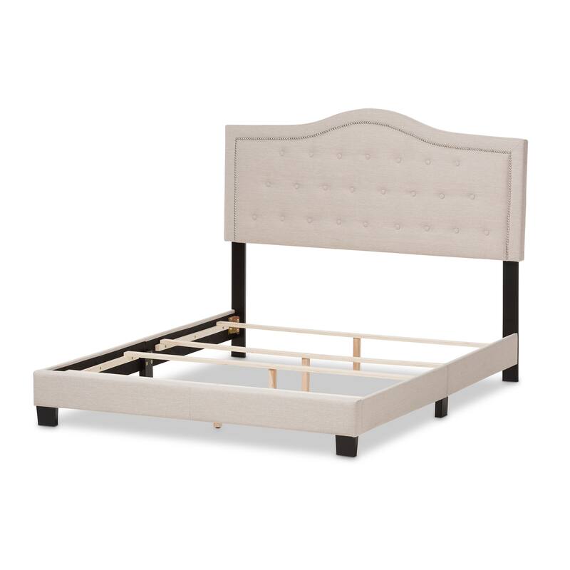 Modern Beige Fabric Bed - Full Size Platform Bed Frame - Low Profile Bedroom Furniture
