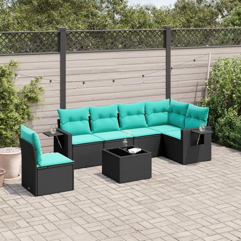 vidaXL 6 Piece Patio Sofa Set with Cushions Black Poly Rattan - 21.7x27.2x24.4-With table