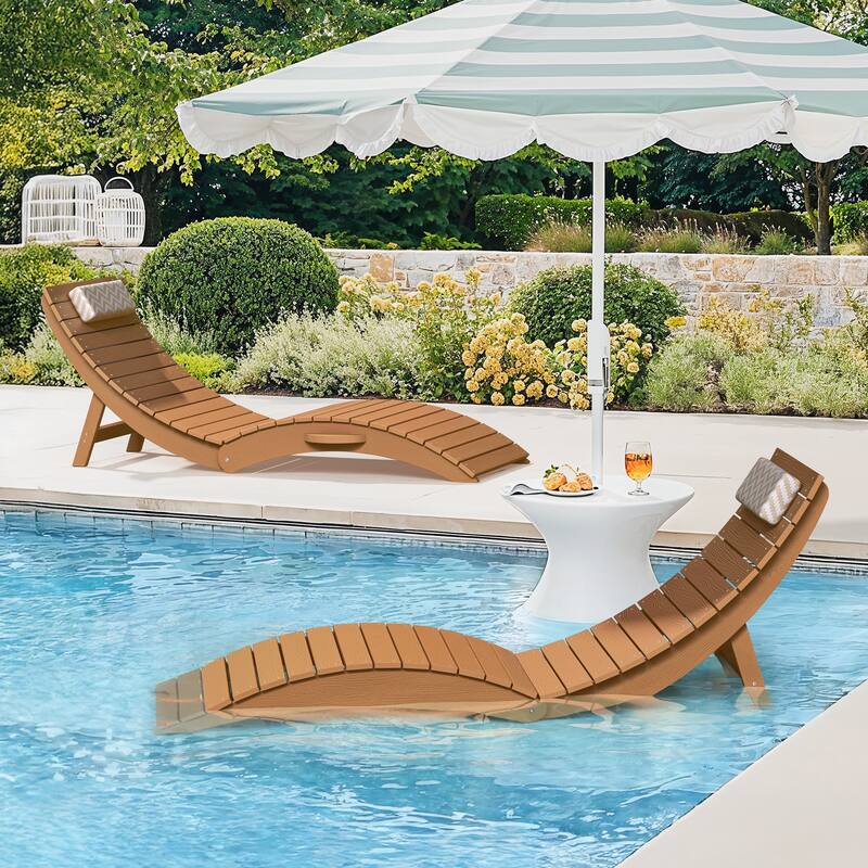 2-Piece Folding HDPS Plastic Outdoor Pool Chaise Lounges with Headrest Cushion - Teak