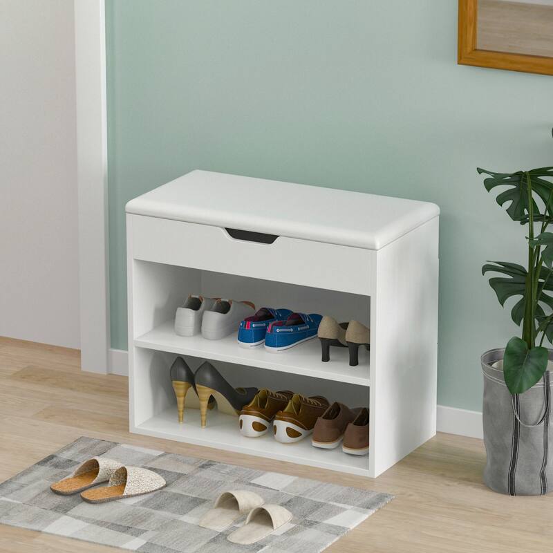 Home Shoe Changing Stool Wooden Shoe Storage Cabinet Thickened Seat - White