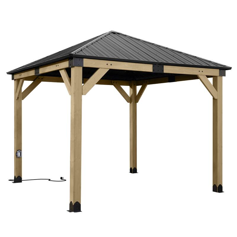 Aoodor 10 x 10 ft Wooden Frame Gazebo with 2-Tier Galvanized Metal Hardtop Roof, Outdoor Patio Gazebo with Charging Socket