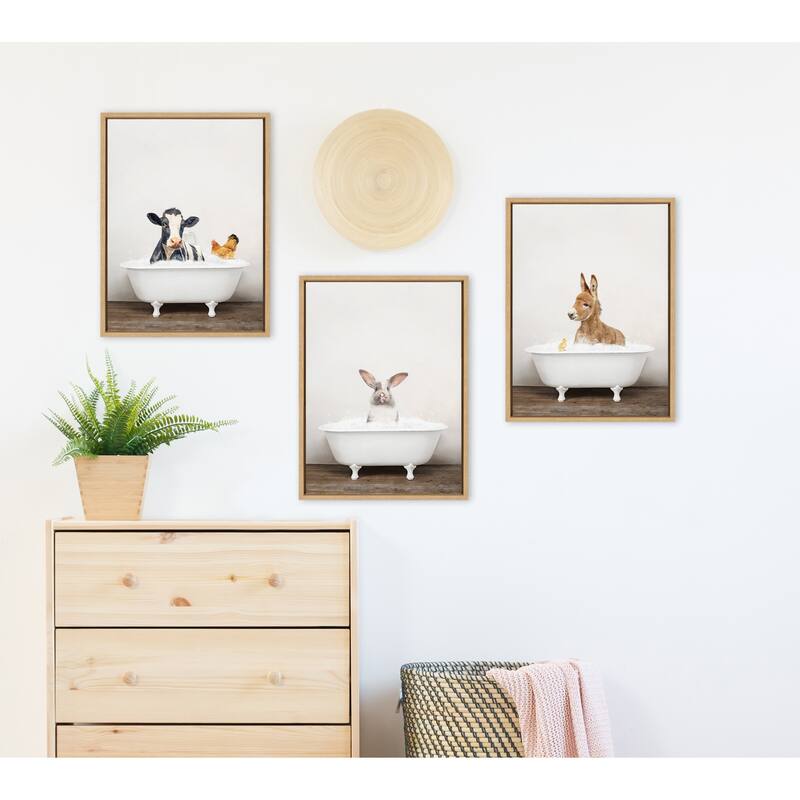 Kate and Laurel Cow Chicken in Bath Framed Canvas by Amy Peterson
