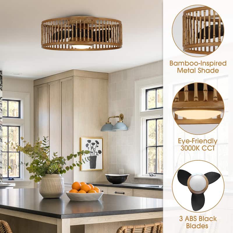 19.5" Natural Brown Faux Bamboo 6-Speed Ceiling Fan Flush Mount with Light
