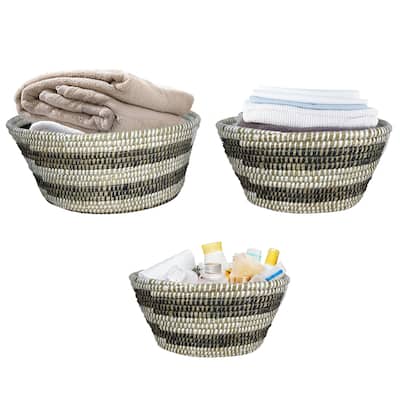 Gymax Natural Canes Grass Baskets Stackable Storage Bins Set of 3 w/