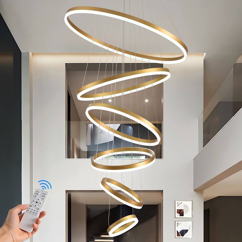 6-Rings Modern LED Chandelier Gold High Ceiling Chandelier with Remote Control Dimmable - gold