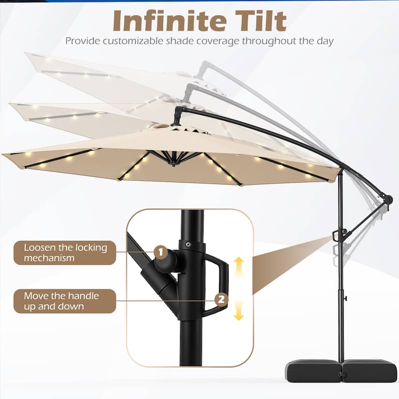 Large 10 Feet Patio Offset Umbrella with Stable Crossed Base and Solar LED Lights for Outdoor