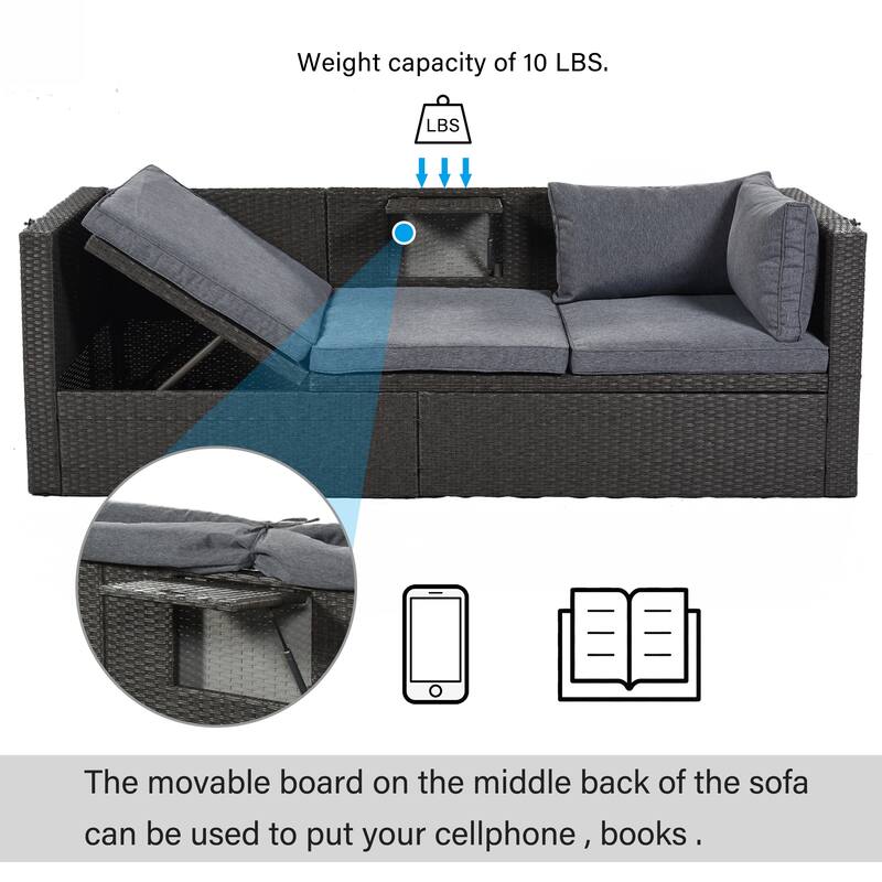 U-Style Outdoor Patio Rectangle Daybed with Retractable Canopy, Wicker Furniture Sectional Seating for Backyard, Porch