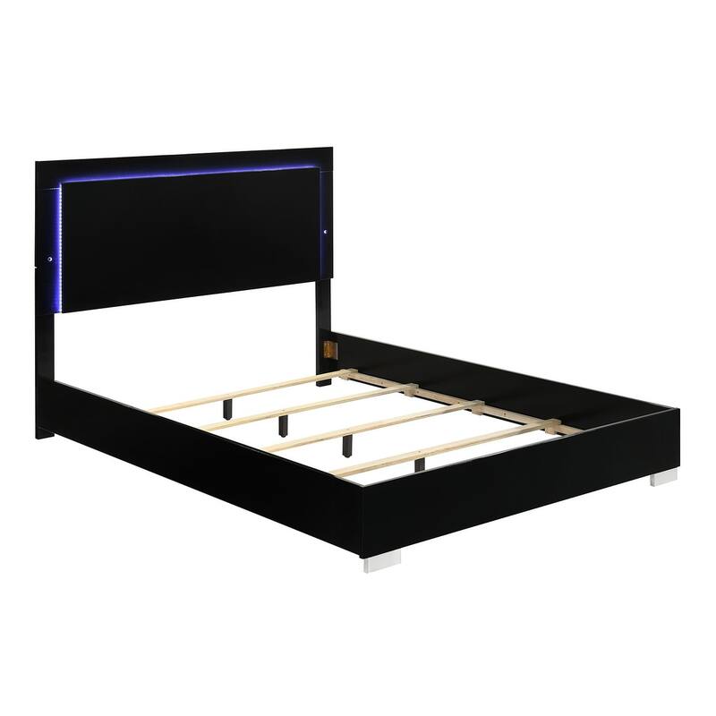 Queen Size Bed with LED Headboard, Piano Black Finish, Chrome Legs, Modern Design