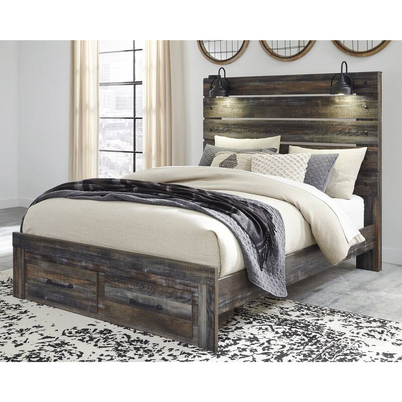 Drystan Rustic Brown Panel Bed with Footboard Storage Drawers