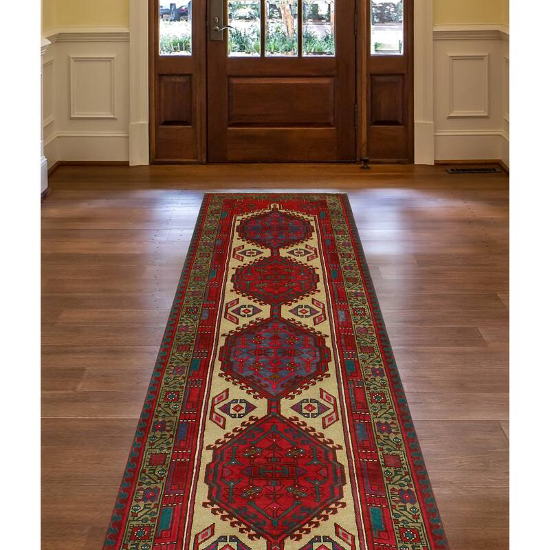 Fine Vintage Distressed Bushra Beige/Red Runner - 3'5" x 11'2"