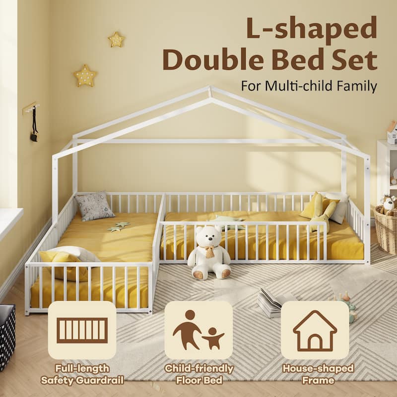 Twin Size L-shaped Corner Montessori Bed with Fence, Metal House-shaped Bed Frame, Without Slats, Floor House Bed for 2 Kids