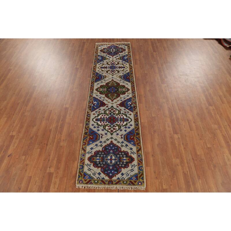 Geometric Kazak Runner Rug Hand-Knotted Wool Carpet - 2'7"x 9'11"
