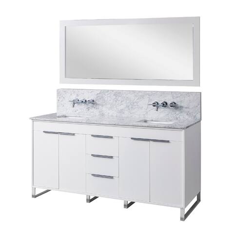 Luca Premium 72 in. Vanity in White with White Carrara Marble Top with white basins and Mirror