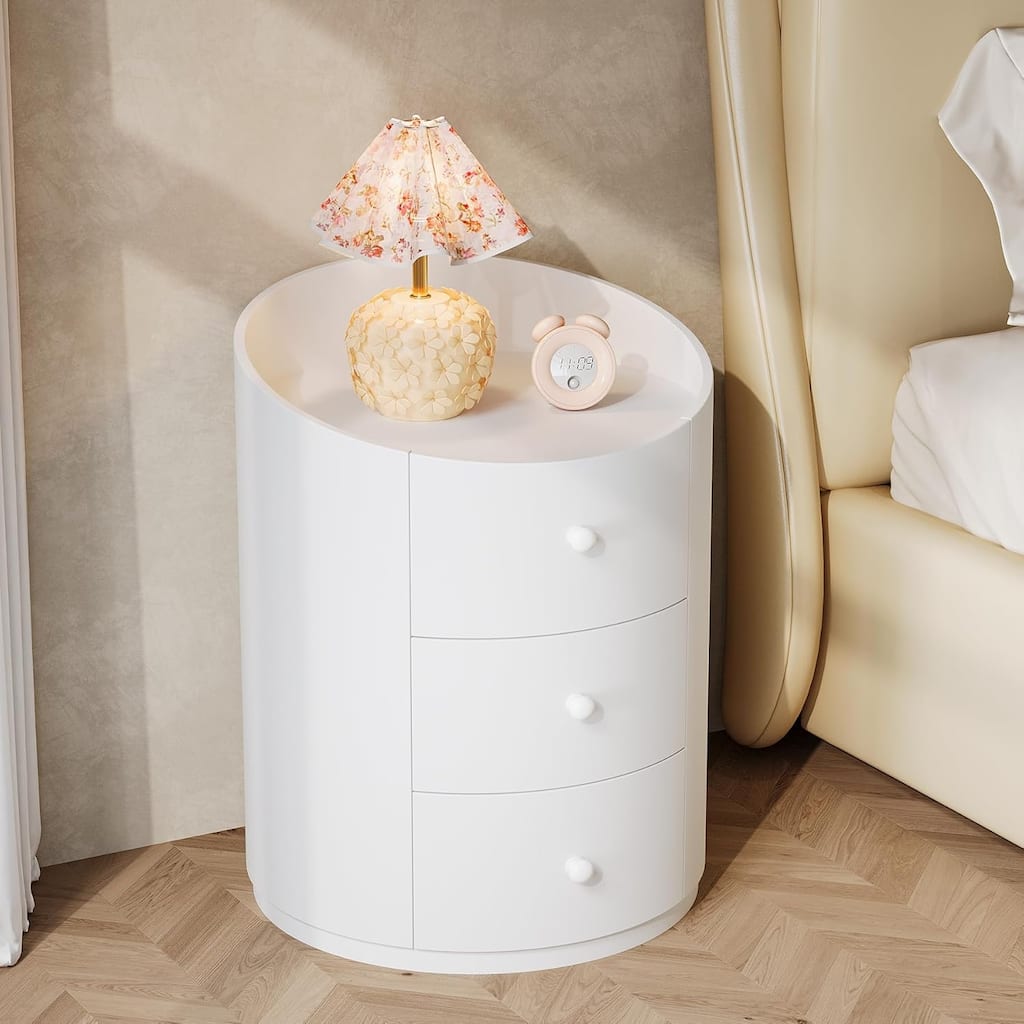 White Round Nightstand, Modern Wood Fully Assembled Bed Side Table with 3 Drawers for Living Room, Bedroom