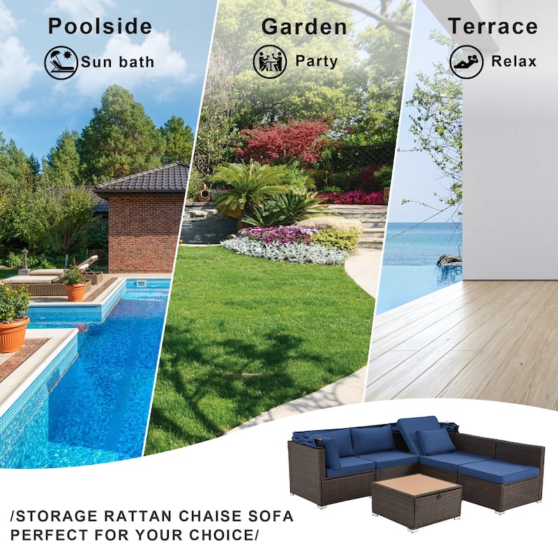 EROMMY 6-Piece Patio Furniture Set, Rattan Daybed with Canopy and Adjustable Backrest