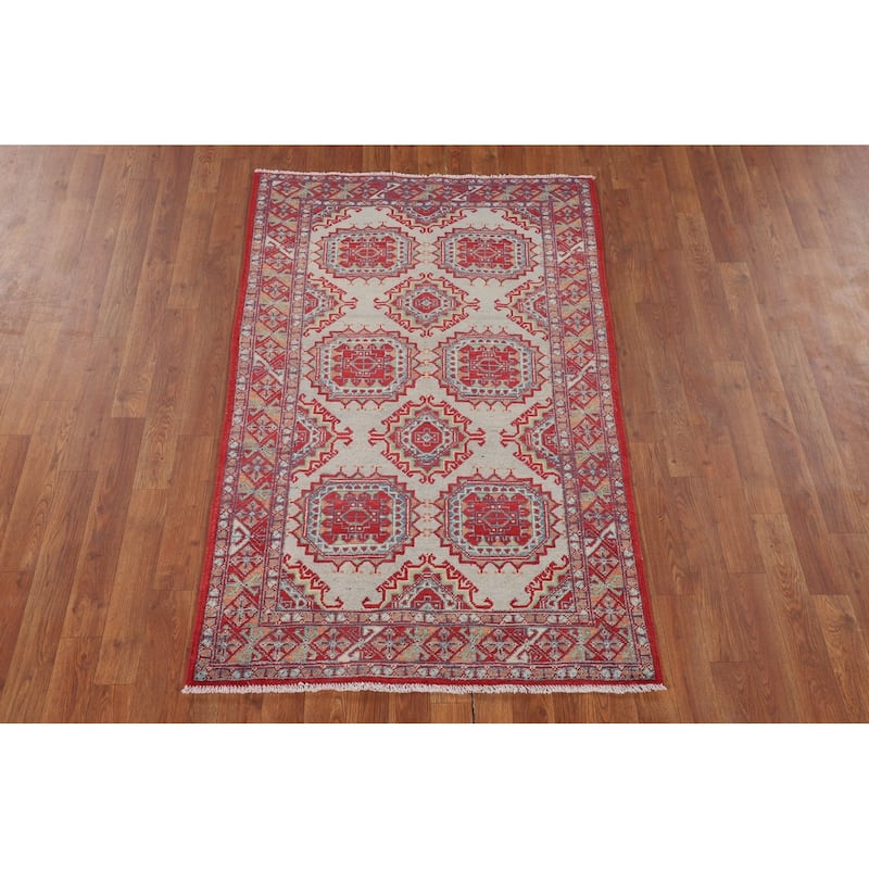 Geometric Multi-Color Kazak Foyer Rug Hand-Knotted Wool Carpet - 3'3" x 5'1"