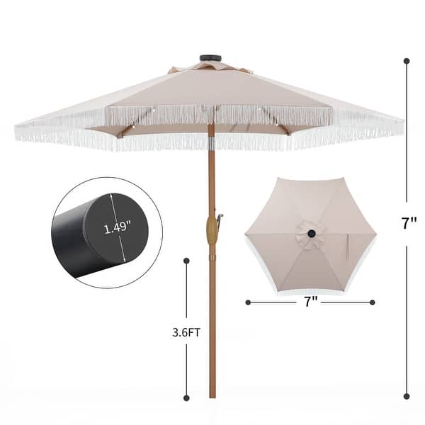 dimension image slide 0 of 4, Ainfox 7FT Outdoor Patio Umbrella with Tilt Fringe Tassel Umbrella with LED Solar Lights