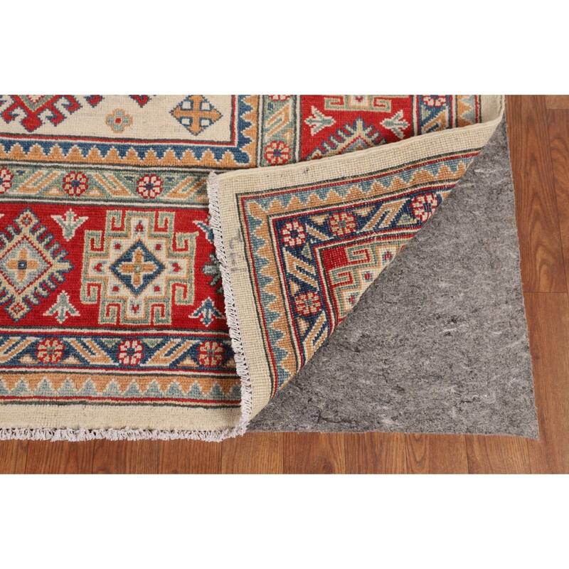 Ivory Geometric Kazak Oriental Area Rug Handmade Wool Carpet - 8'0" x 10'3"