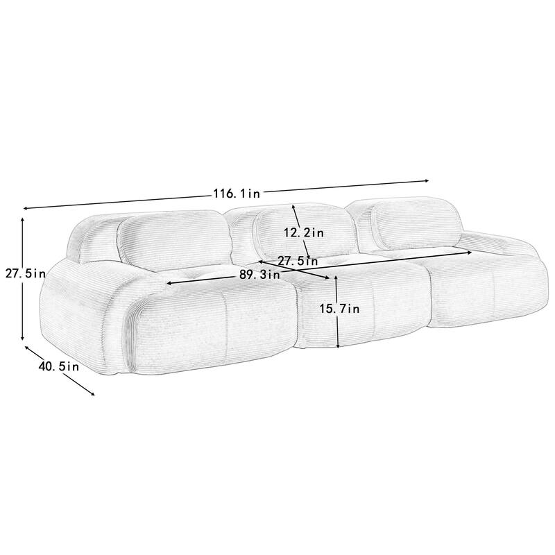 Anmytek Modern 3 Seat Black Modular Corduroy Sofa No Assembly Sectional Couch