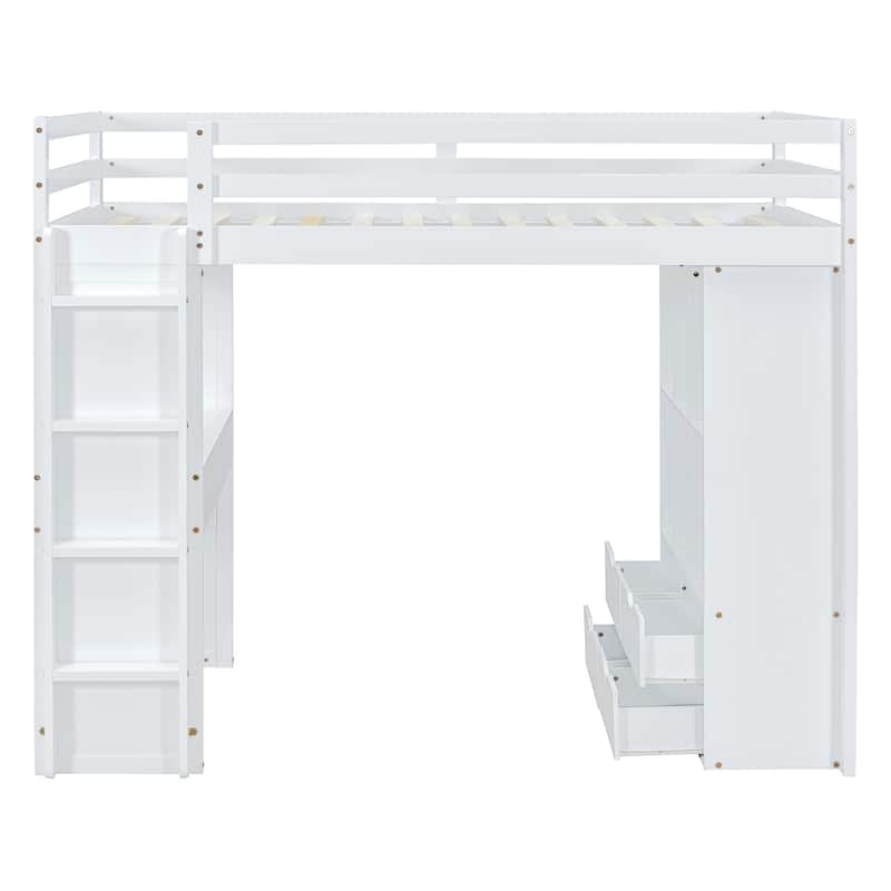 Full Size Loft Bed with Large Shelves, Writing desk and LED Light, White